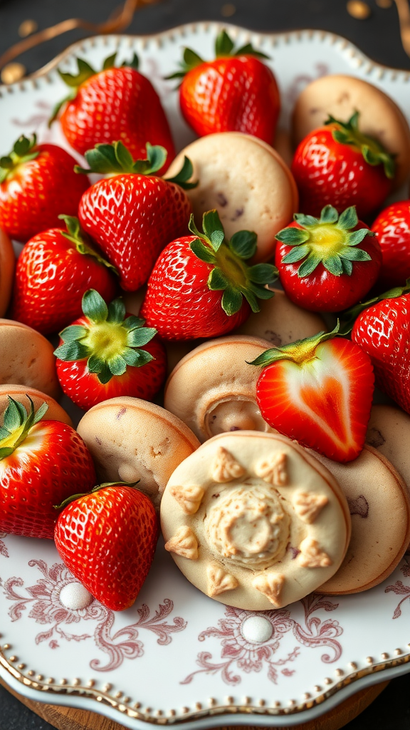 A plate filled with fresh strawberries and cookies arranged nicely. Strawberry Centerpiece Ideas