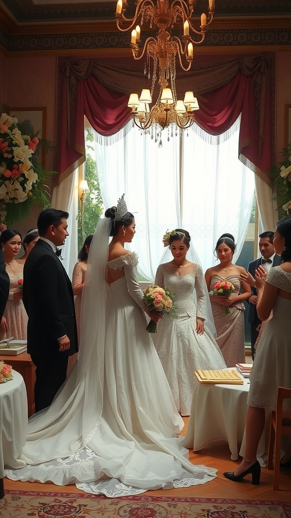 A Rococo wedding ceremony with a bride in a detailed gown, surrounded by guests and floral decorations.