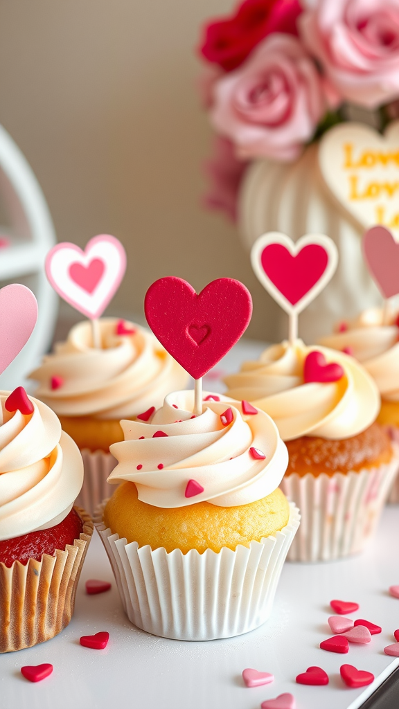 Colorful cupcakes with heart-shaped toppers and sprinkles