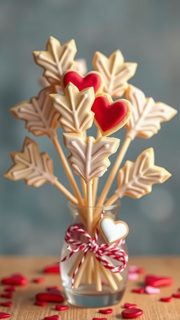 A colorful display of Cupid's arrow cookie pops in a jar, featuring heart and arrow shapes, perfect for a Valentine's Day or baby shower celebration.