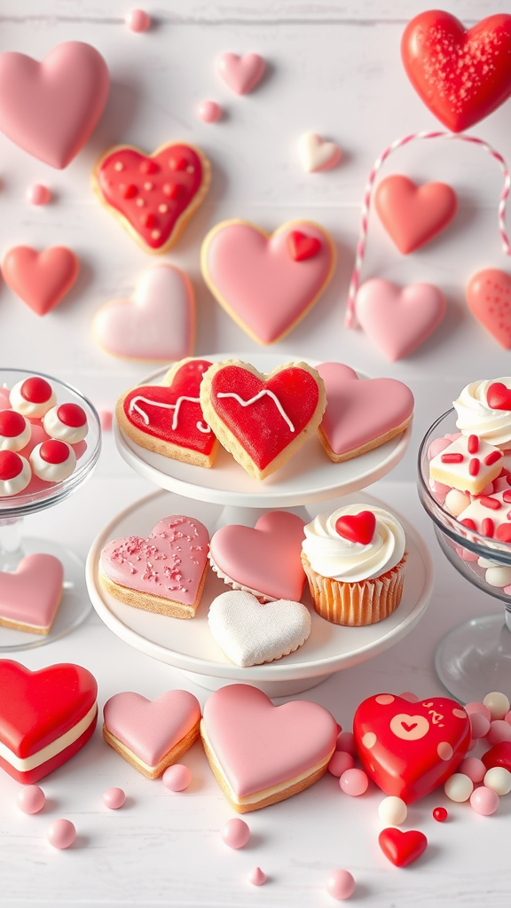A colorful dessert display featuring heart-shaped cookies, cupcakes, and candies, themed for a Valentine's celebration. Valentine Baby Shower Ideas