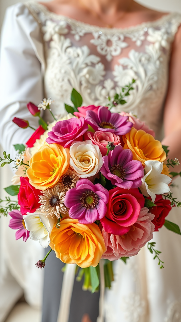 A vibrant wedding bouquet featuring roses, ranunculus, and anemones held by a bride. Cowboy Wedding Flowers