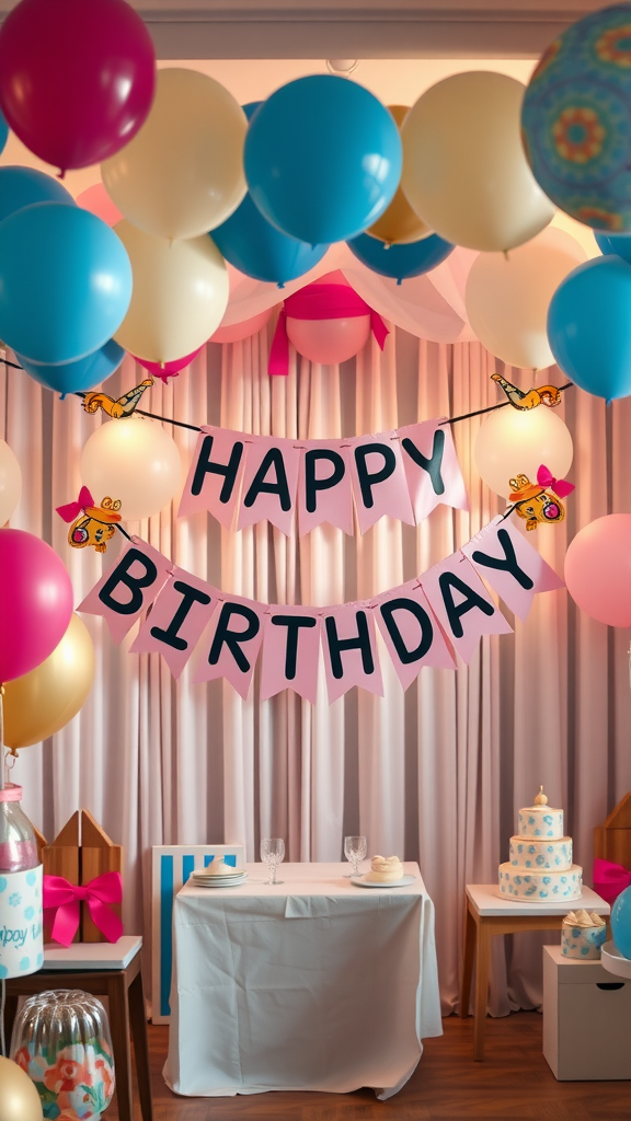 Colorful birthday setup with a banner and balloons