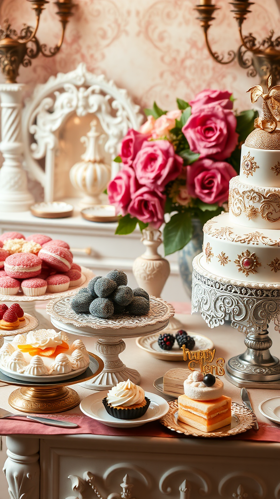 A beautifully arranged dessert table featuring an ornate cake, macarons, chocolates, and fresh fruit desserts, with pink roses in the background.
