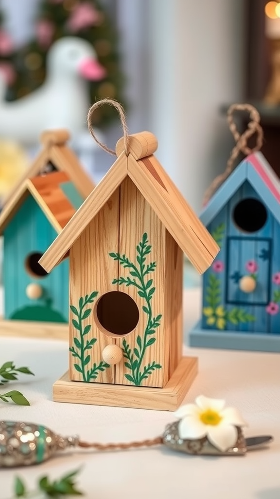 Colorful DIY birdhouses decorated with floral designs, ready to be party favors. Nesting Party Ideas