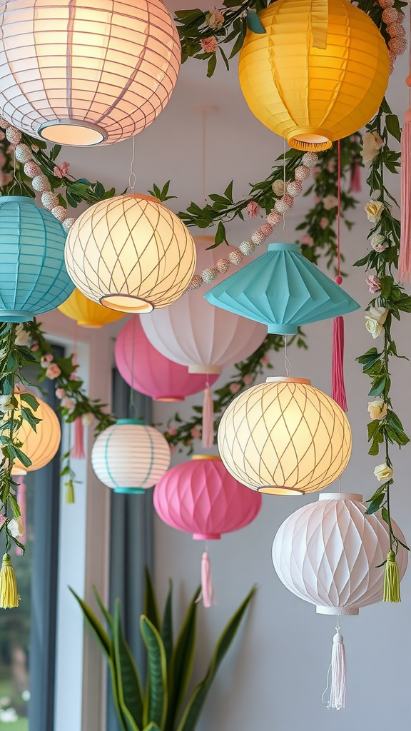 Colorful lanterns hanging from the ceiling, creating a vibrant atmosphere