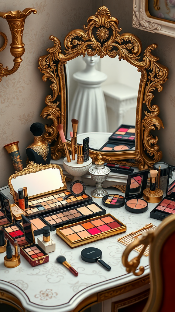 A luxurious makeup setup featuring ornate mirrors and colorful palettes, ideal for creating dramatic looks for a Rococo Party.
