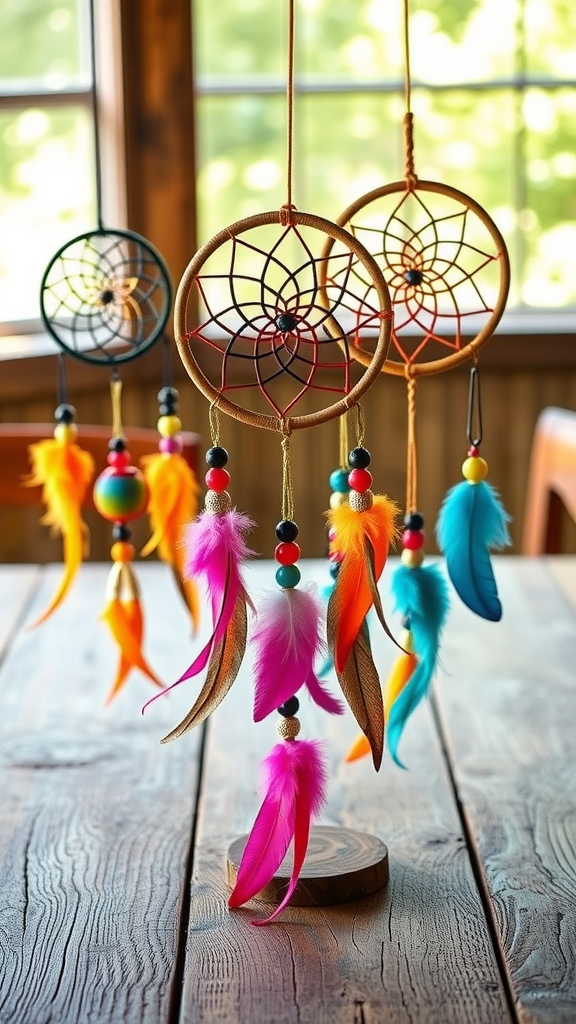 Colorful dreamcatchers with feathers and beads hanging as centerpieces on a wooden table.