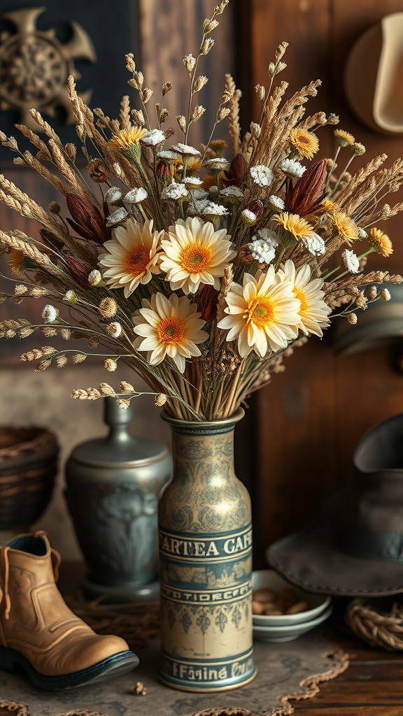 A beautiful dried floral arrangement in a rustic vase with yellow flowers and dried grass.
