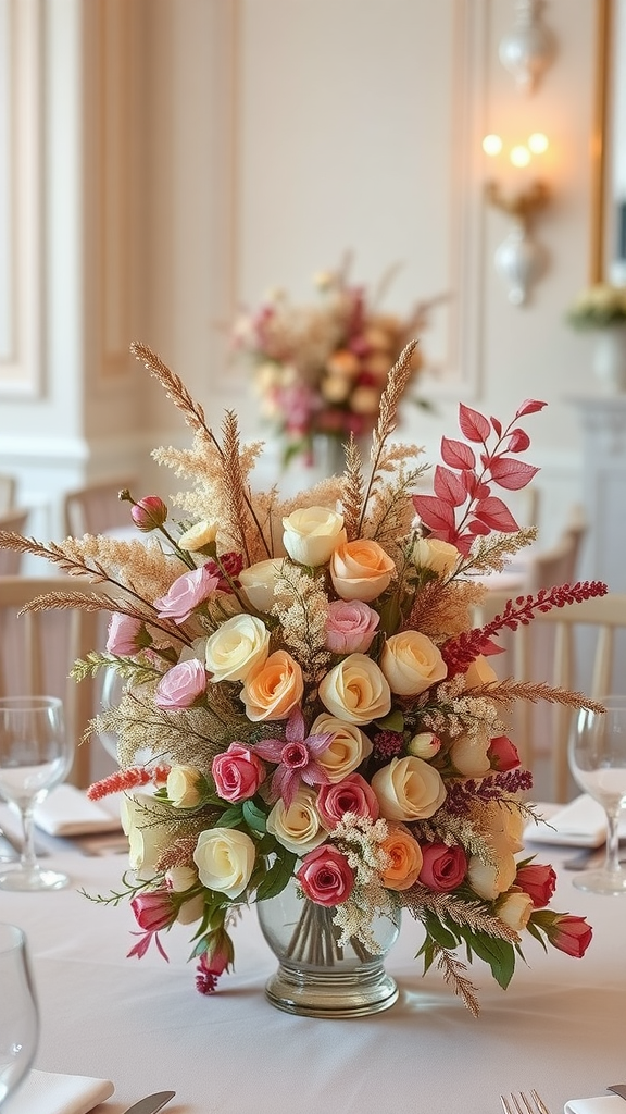 A beautiful bouquet of dried flowers featuring roses and grasses in a decorative vase.