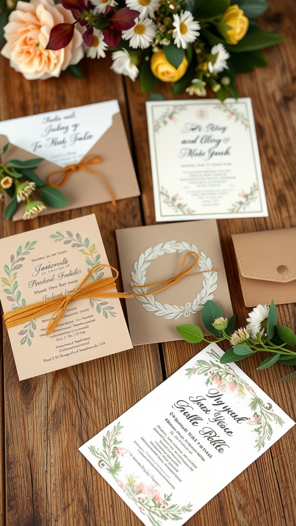 A collection of earthy toned party invitations with floral designs, ribbons, and a bouquet on a wooden table.