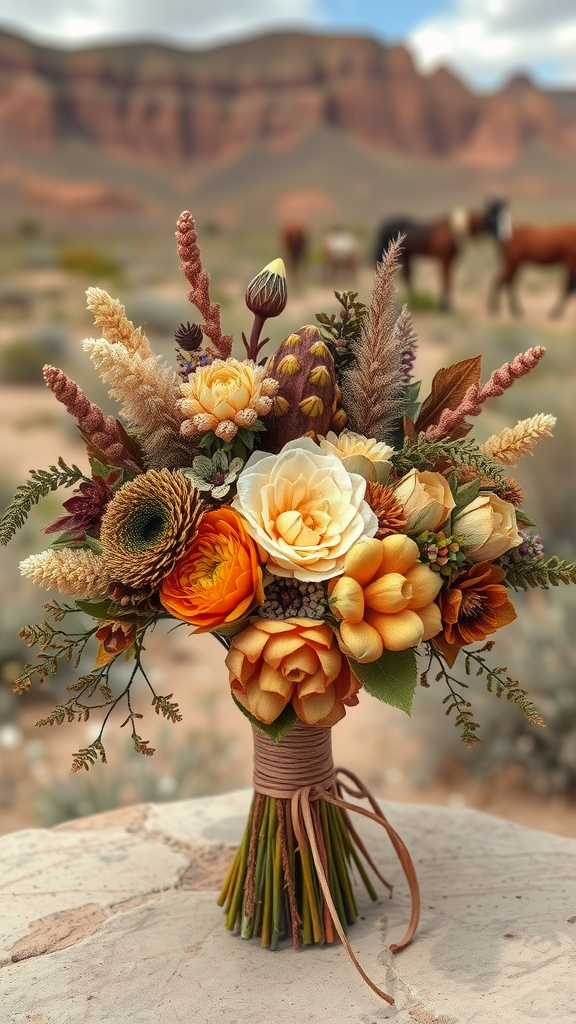 A vibrant bouquet of flowers in earthy tones, featuring oranges, creams, and greens, set against a rustic landscape.