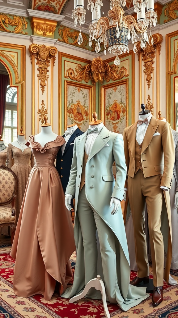 Display of Rococo-inspired attire featuring elegant gowns and suits in a beautifully decorated room.