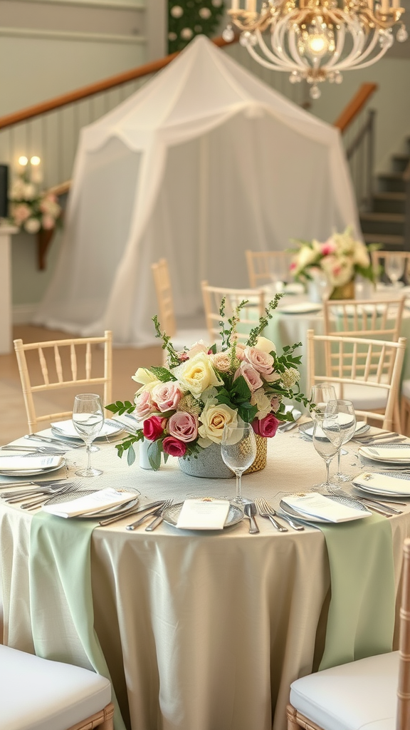 Beautiful table setting with sage green accents, floral centerpiece, and elegant tableware