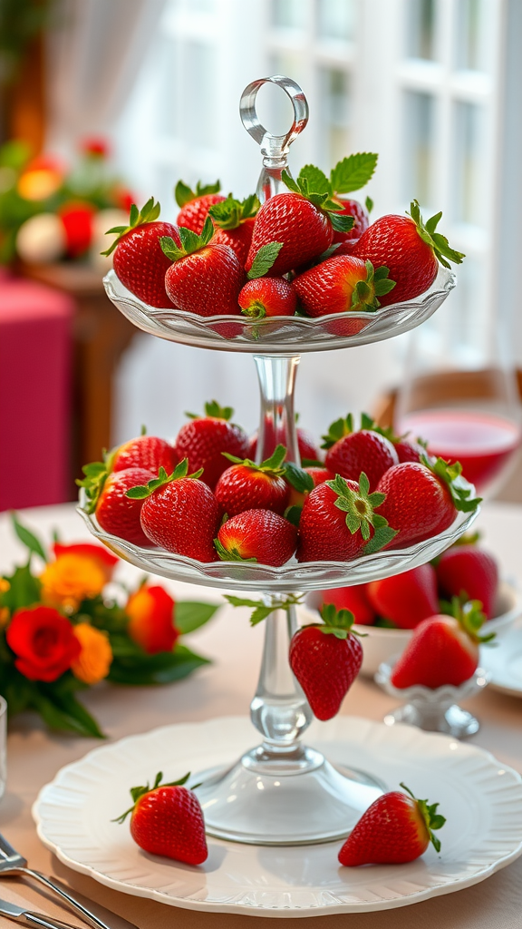 A tiered display of fresh strawberries on a table. Strawberry Centerpiece Ideas