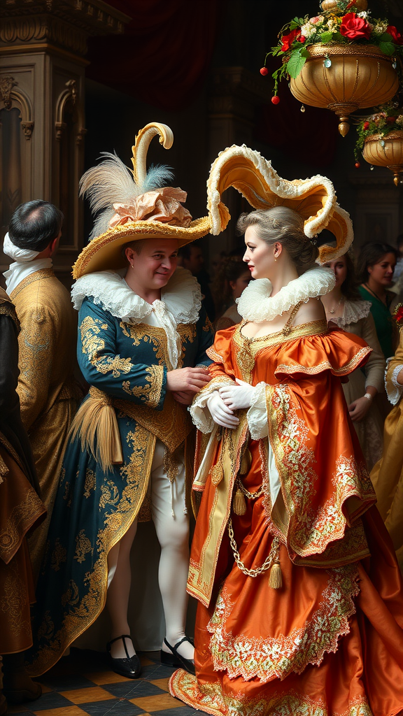 A Rococo Party scene featuring a man in an ornate outfit with a large feathered hat and a woman in a vibrant orange gown with a dramatic collar.