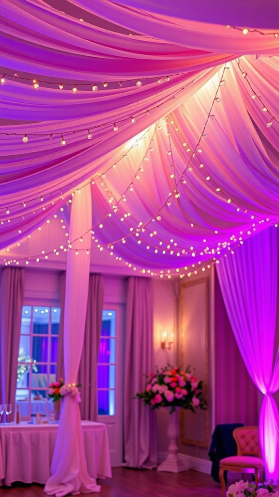 Ceiling decorated with draped fabric and string lights in soft pink and purple hues