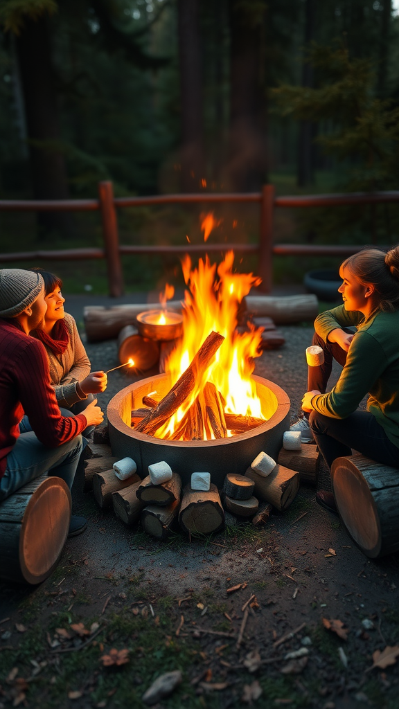Friends gathered around a fire pit, roasting marshmallows and enjoying each other's company in a forest setting.