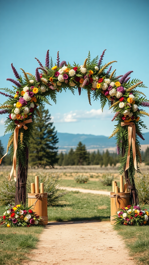 Colorful floral archway with greenery and wooden accents for an outdoor ceremony. Cowboy Wedding Flowers