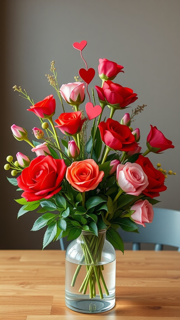 Bright floral arrangement with red and pink roses and heart embellishments in a clear vase.
