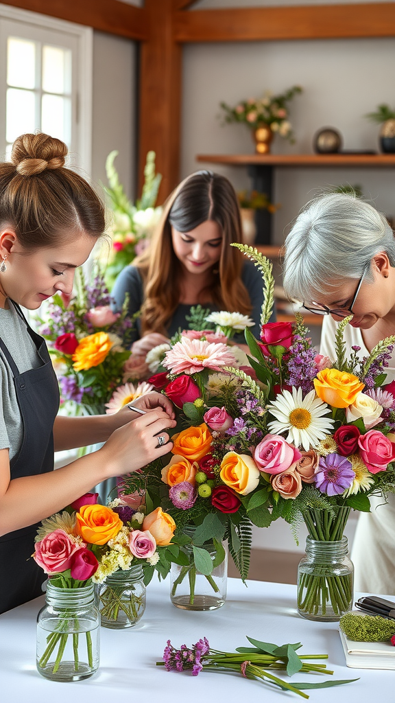 A group of people arranging flowers at a workshop, showcasing colorful blooms and creativity. Nesting Party Ideas