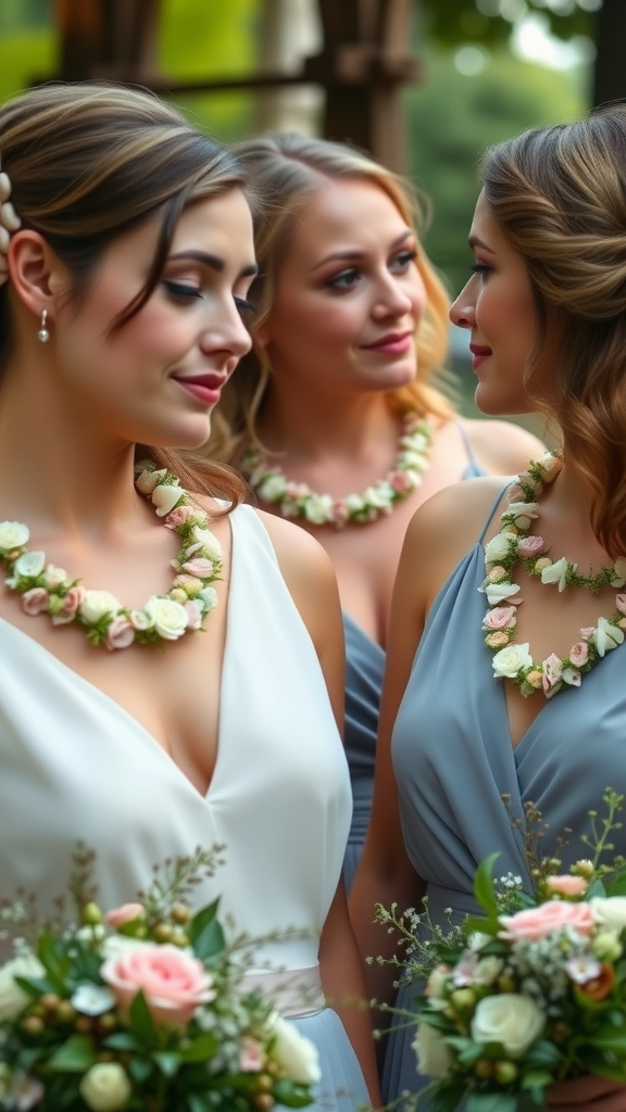 Three bridesmaids wearing floral necklaces and holding bouquets, smiling together. Cowboy Wedding Flowers
