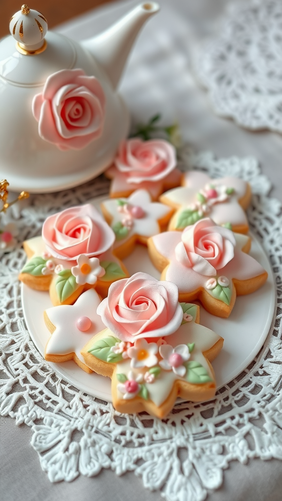 Beautifully decorated floral sugar cookies on a lace doily.