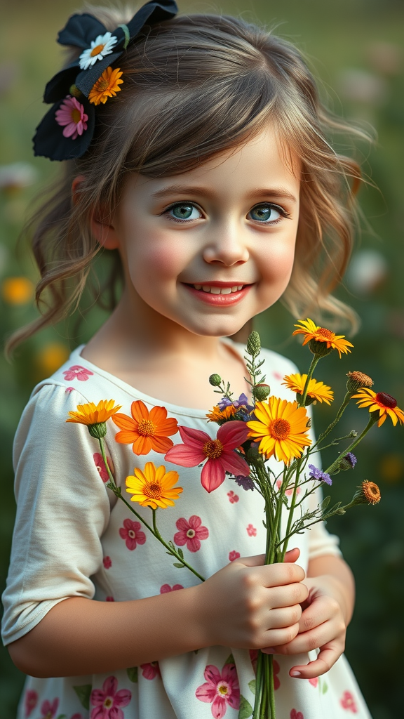 A young girl smiling while holding a colorful bouquet of flowers in a field. Cowboy Wedding Flowers