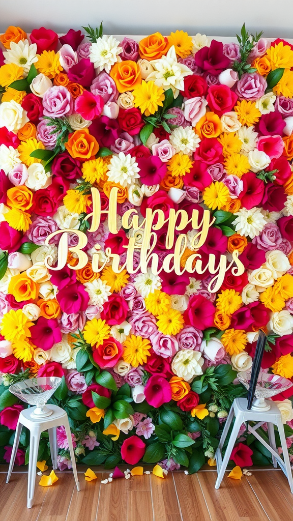A colorful flower wall with the text 'Happy Birthdays' for photo opportunities.
