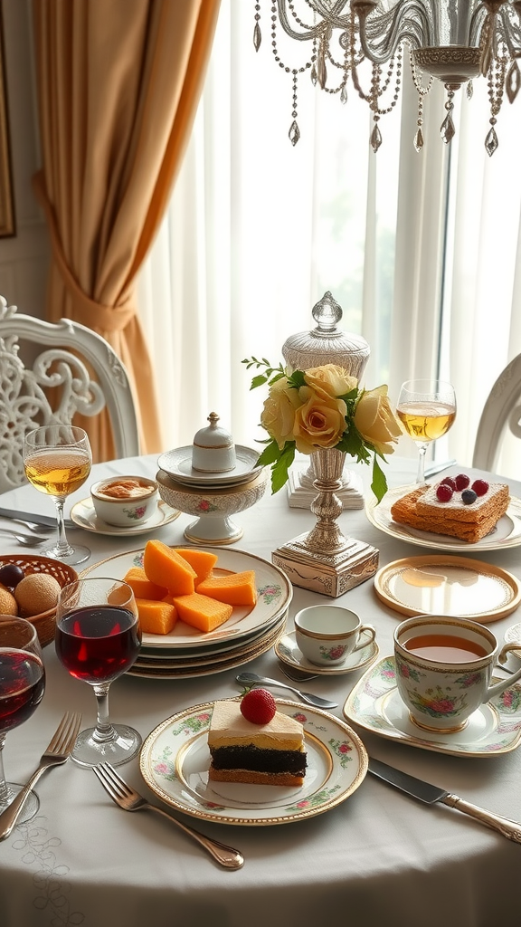 An elegant table setting for a Rococo Party featuring gourmet treats and fine beverages.