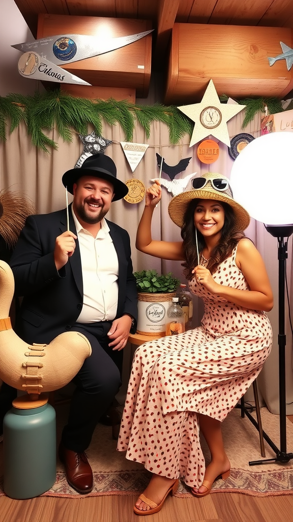 Two people posing with hats and props in a festive setting. Nesting Party