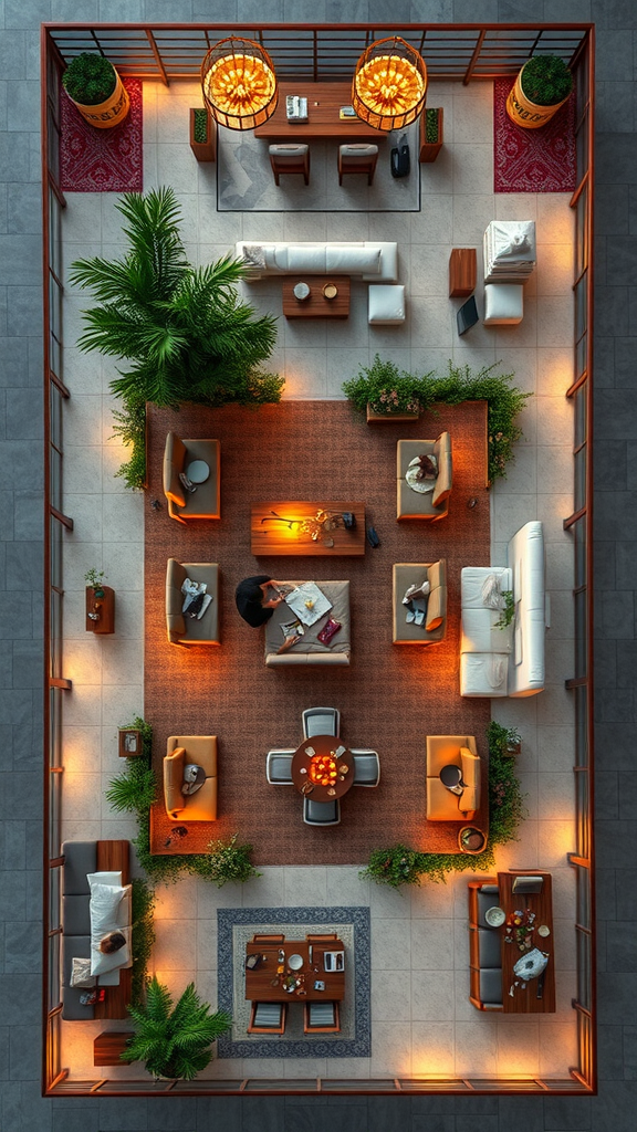 An inviting guest interaction zone with comfortable seating and warm lighting.