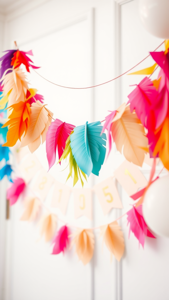 Colorful handmade feather birthday banner for a 1st birthday party