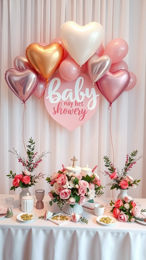A beautifully arranged baby shower table with heart-shaped balloons, floral decorations, and themed signage.