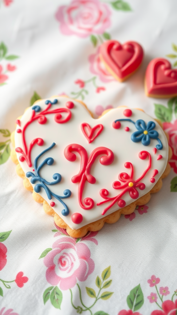 Decorated heart-shaped sugar cookies with royal icing on a floral tablecloth