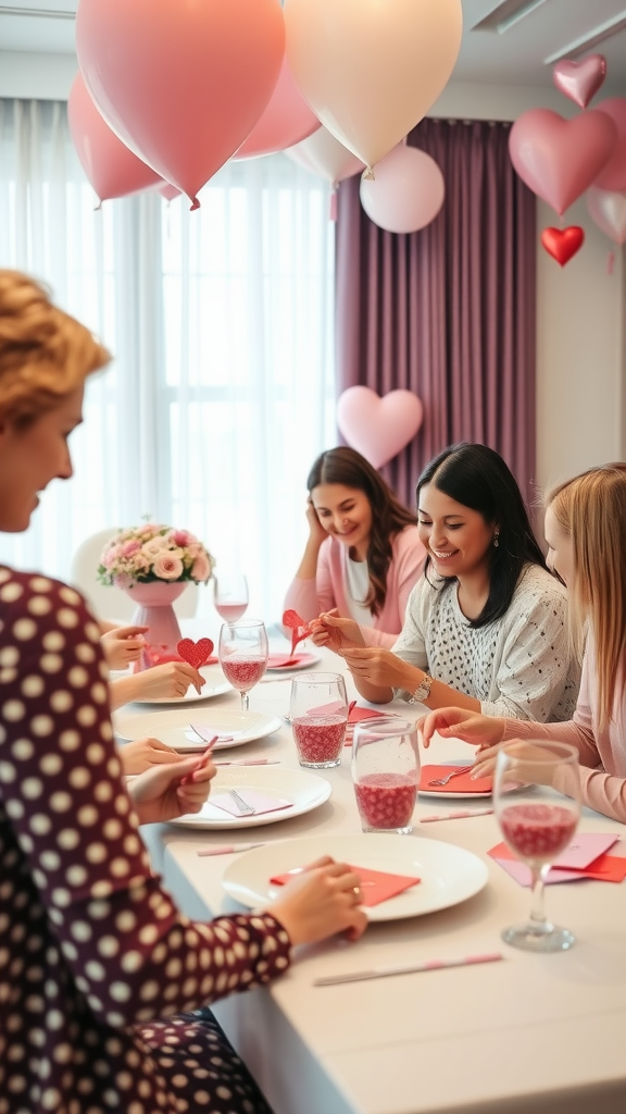 A group of women at a Valentine-themed baby shower, engaged in crafting and enjoying their time together.
