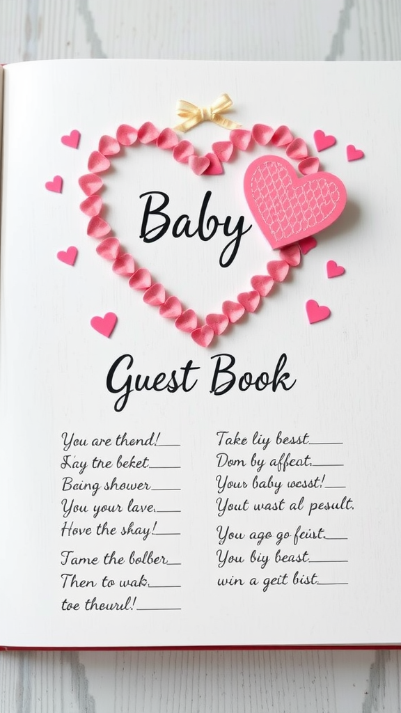 A playful baby guest book with heart decorations and spaces for messages