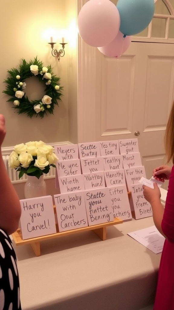 A wooden display holding various heartfelt cards for a baby celebration, surrounded by flowers and a small wooden house.