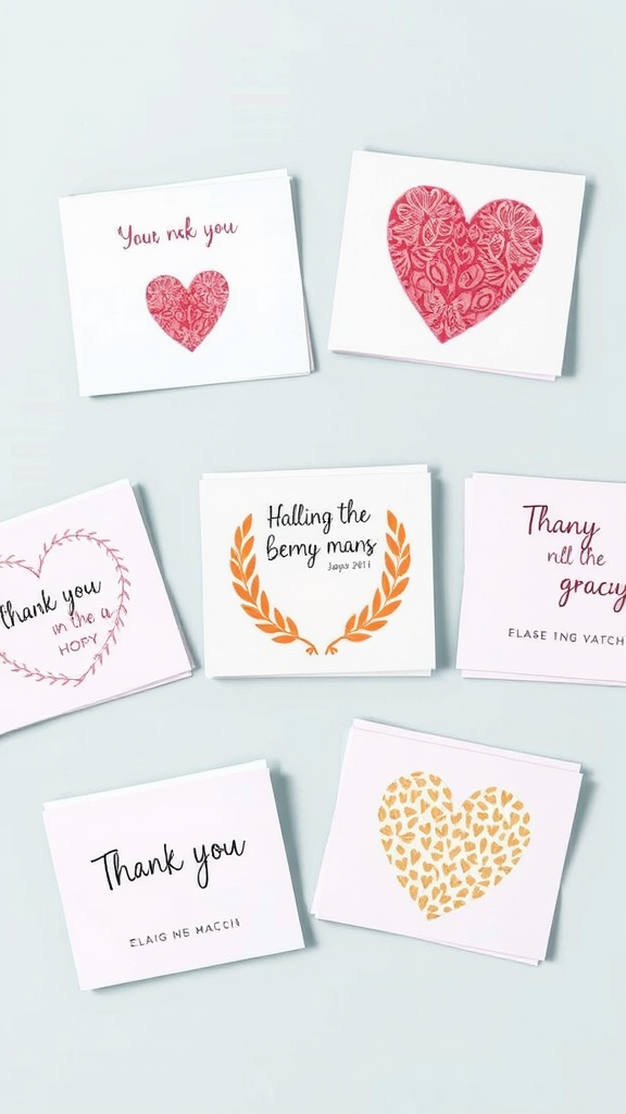 A collection of thank you notes with heart designs and playful messages.