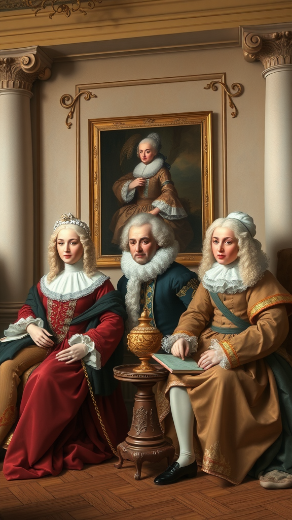 Three historical figures in Rococo clothing, sitting in an elegant room with a painting in the background.