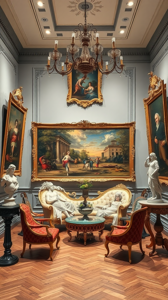 An elegant Rococo-style interior with ornate furniture, paintings, and a chandelier