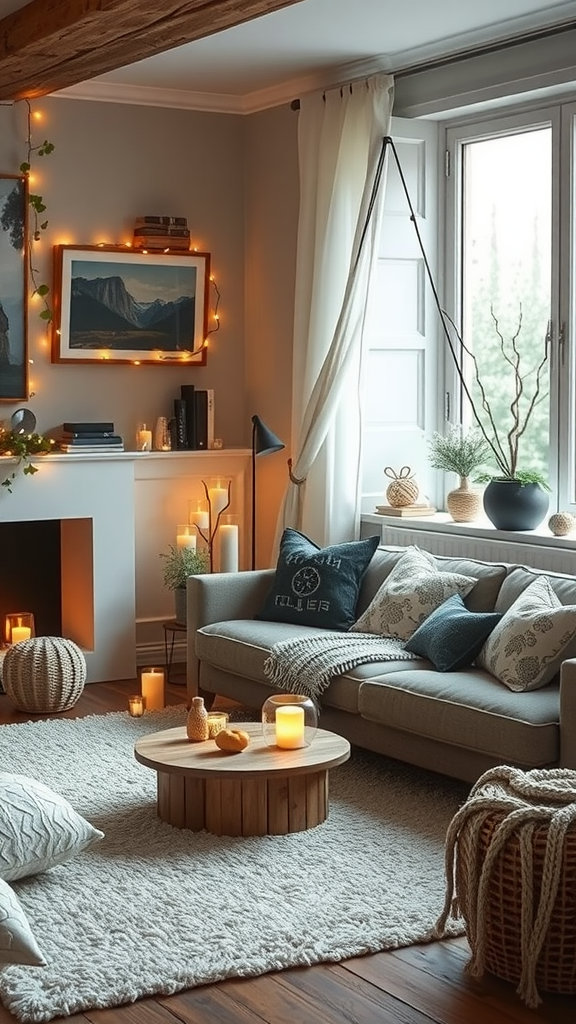 A cozy living room with a couch, candles, and warm lighting, evoking a hygge atmosphere. Nesting Party