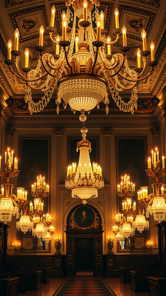 An elegant room illuminated with lavish chandeliers, reflecting the opulent Rococo style.