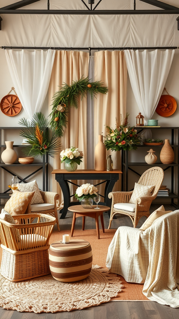 A cozy vintage-inspired setting with earth tone decor, featuring woven furniture and floral arrangements.