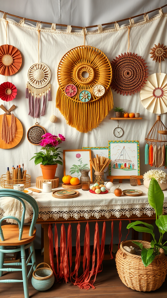 A colorful interactive art station for kids featuring wall decor and art supplies.