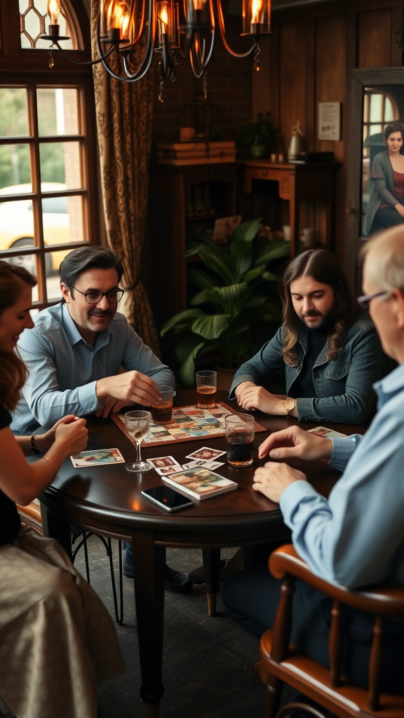 A cozy gathering of friends around a table playing interactive games with drinks.