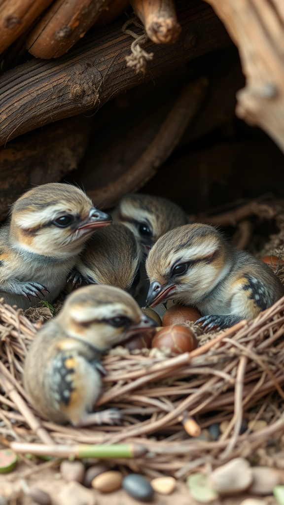 Five baby birds nestled together in a natural nest. Nesting Party Ideas