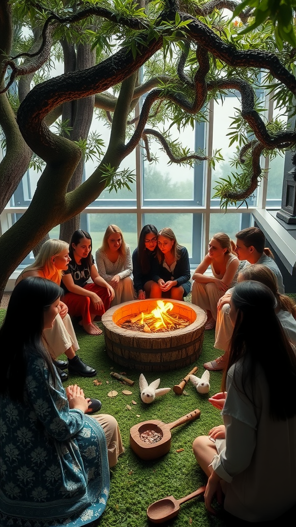 A group of people sitting in a circle around a fire pit, sharing stories and enjoying a cozy atmosphere. Nesting Party Ideas