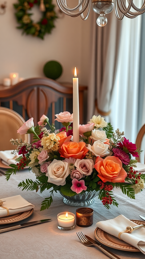 A beautifully arranged floral centerpiece with candles on a dining table.