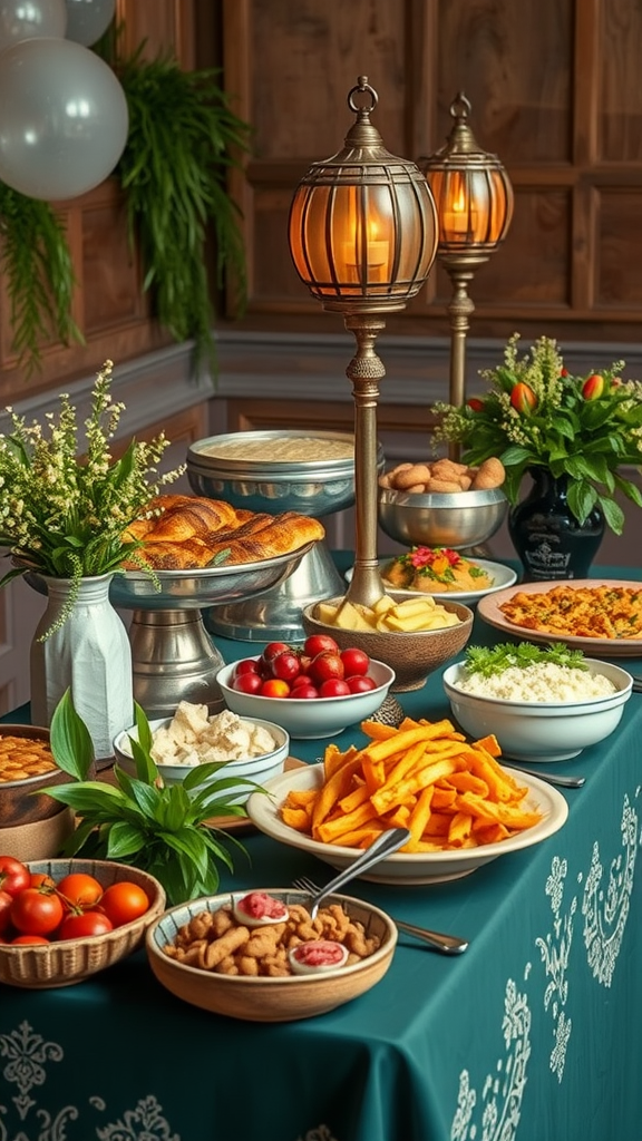 A beautifully arranged food station with a boho flair, featuring a variety of dishes, elegant lanterns, and fresh flowers.